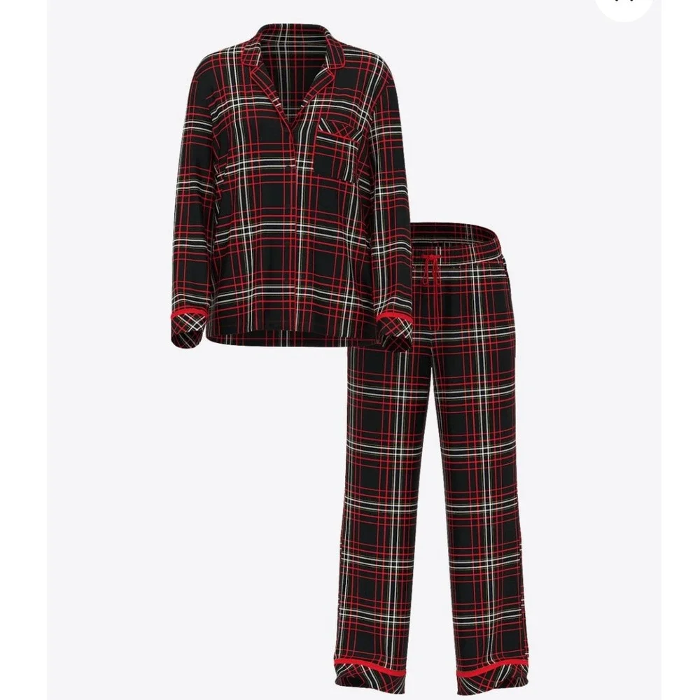 Victoria's Secret Flannel Long Pajama Set Black Red White Plaid Signature PJ S - Picture 2 of 10